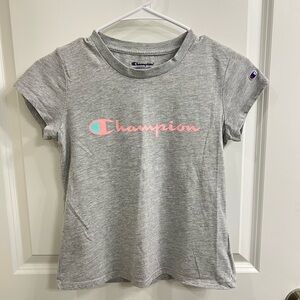 Champion Heather Gray Short SleeveTee with Pink and Blue Logo | Size Youth Large